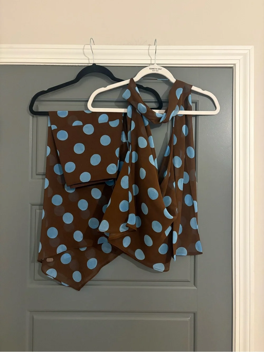 Zara Brown Blue Polka Dot Backless Halter Top & Midi Skirt Matching Set XS